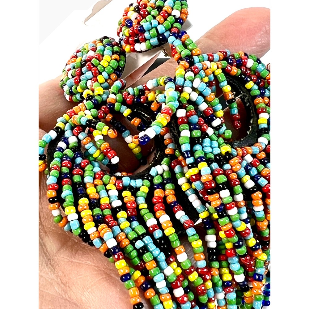 Handmade Seed Bead Clip On Earrings Multicolor Fringe Tassel Boho Statement 4"
